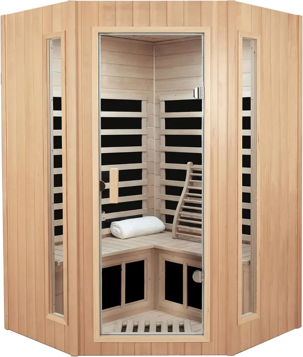 2-3 Person Infrared Sauna, Far Infrared Saunas for Home Low EMF Indoor Home Sauna Spa, Hemlock Wooden Corner Sauna Room,1670Watt