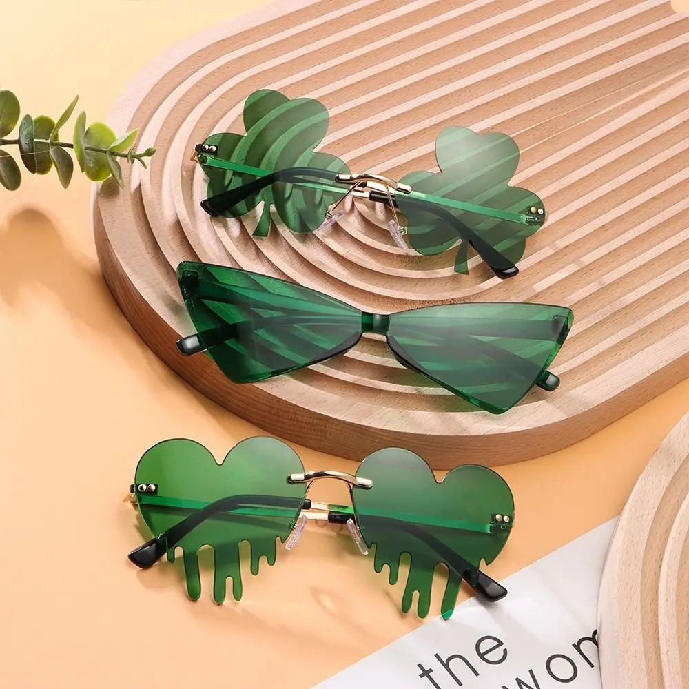 Fashion Party Rimless Sun Glasses St Patricks Day Leprechaun Costume Glasses Green Four Leaf Clover Irish Shamrock Sunglasses For Holiday Dance view 3
