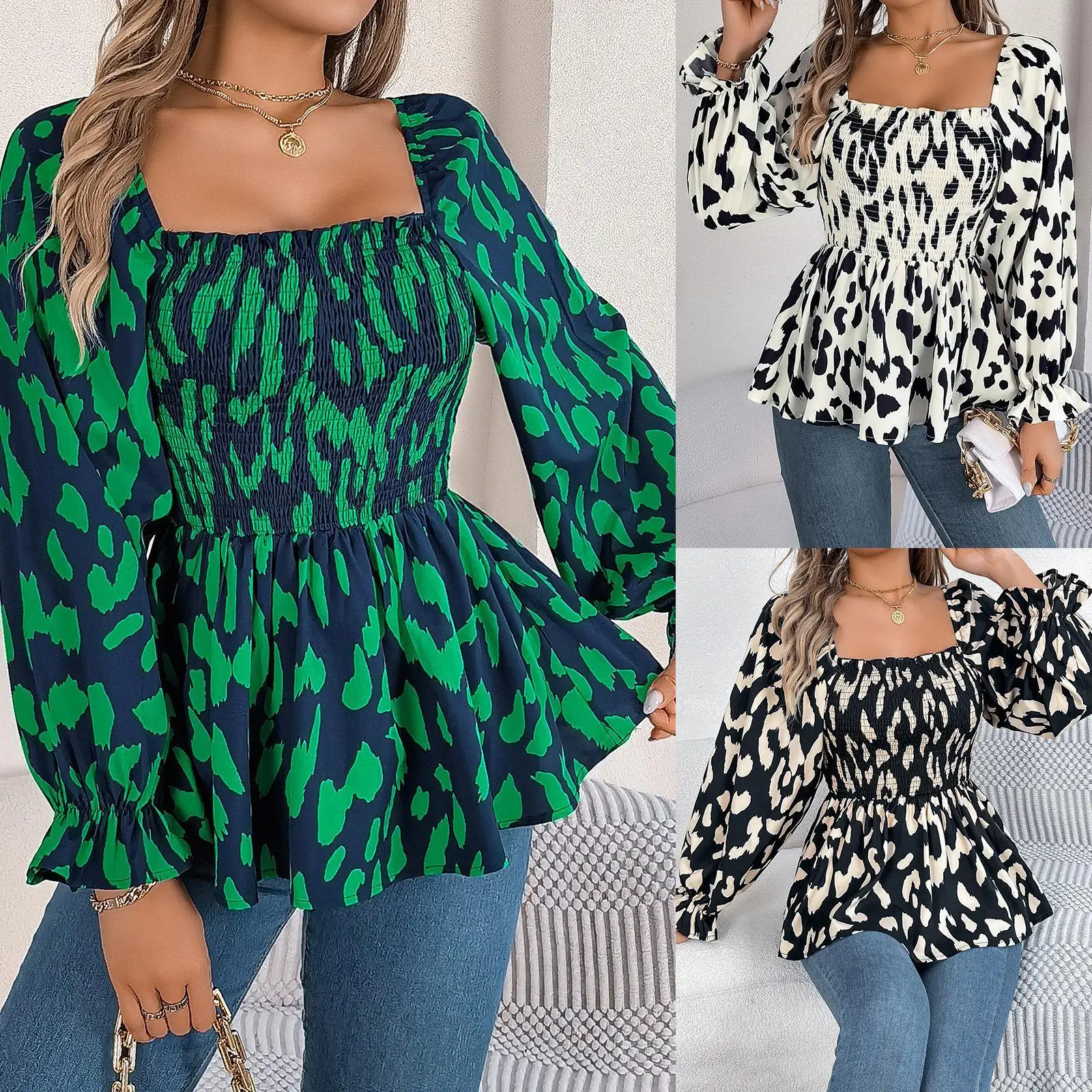 

Autumn Winter Casual Long Sve Square Collar Leopard Print Chiffon Top Wooden Bordered Women's Cross-Border Faion