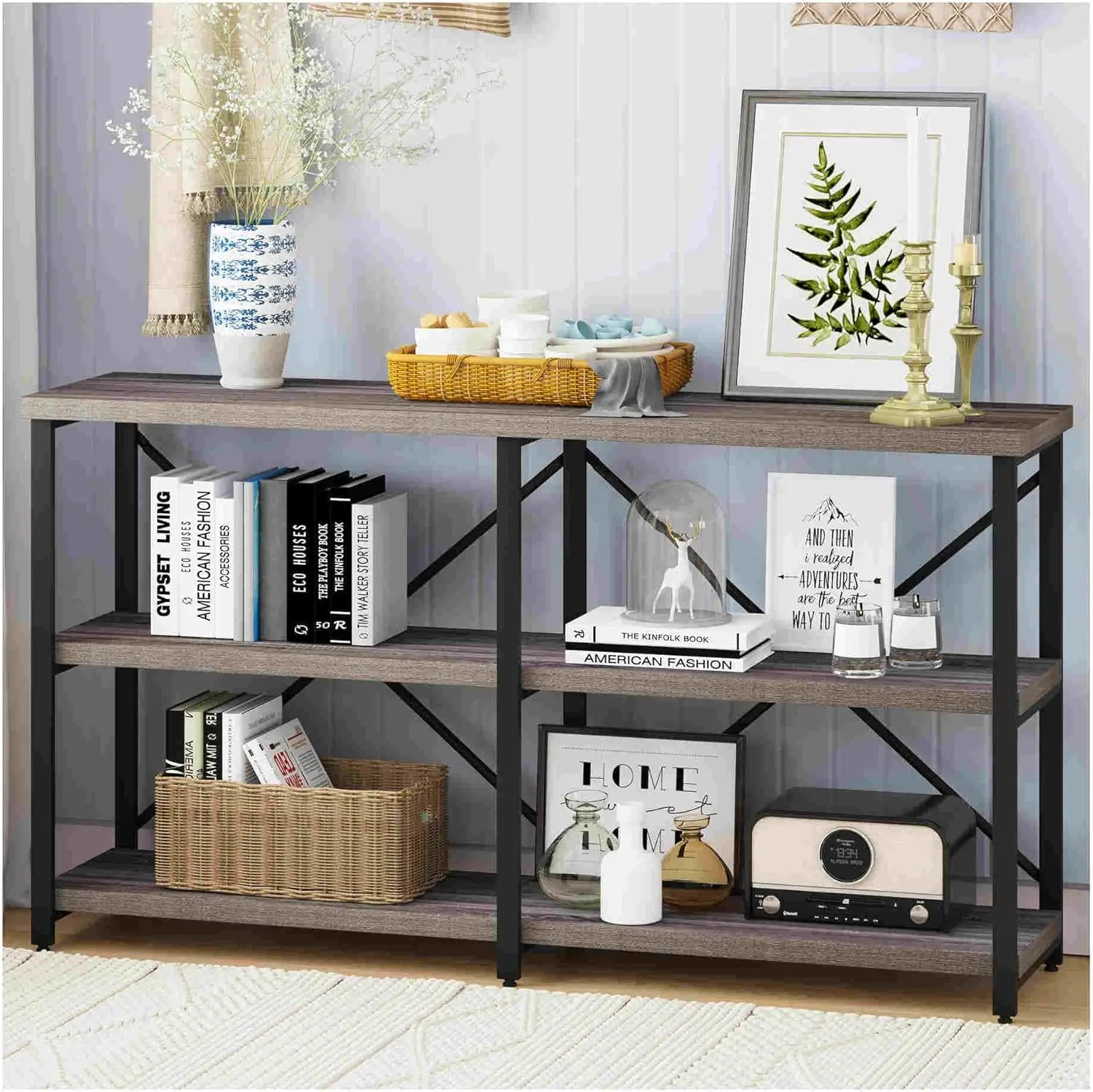 Rustic Console Table Behind Sofa, Industrial Entryway Table with Storage Shelves, 3 Tier Long Bookshelf for Entry