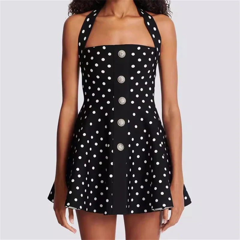 Womens dresses 2024 Summer New Dot Print Hanging Neck Dress Elastic knitted slim sleeveless mini skirt Metal button Long dress