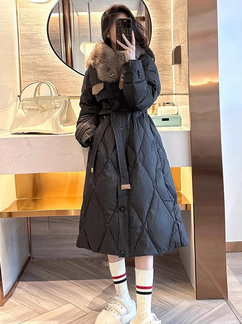 

Black Down Cotton Jacket For Women Autumn Winter 2025 New Thick Long Design Large Fur Collar Parkas Overcoat Windbreaker w1308
