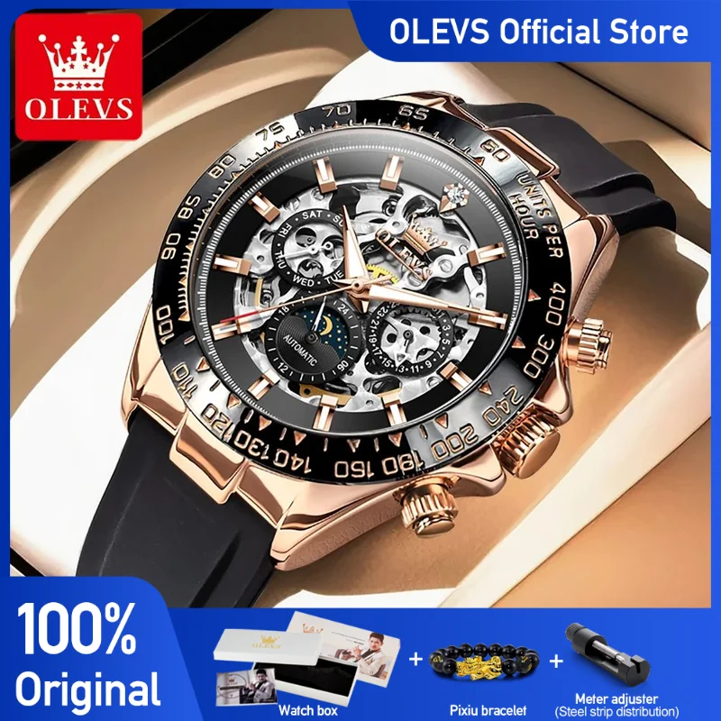 

OLEVS 6713 Mens Watch Original Luxury Skeleton Automatic Mechanical Watch Waterproof Luminous Moon Phase Silicone Strap Watches