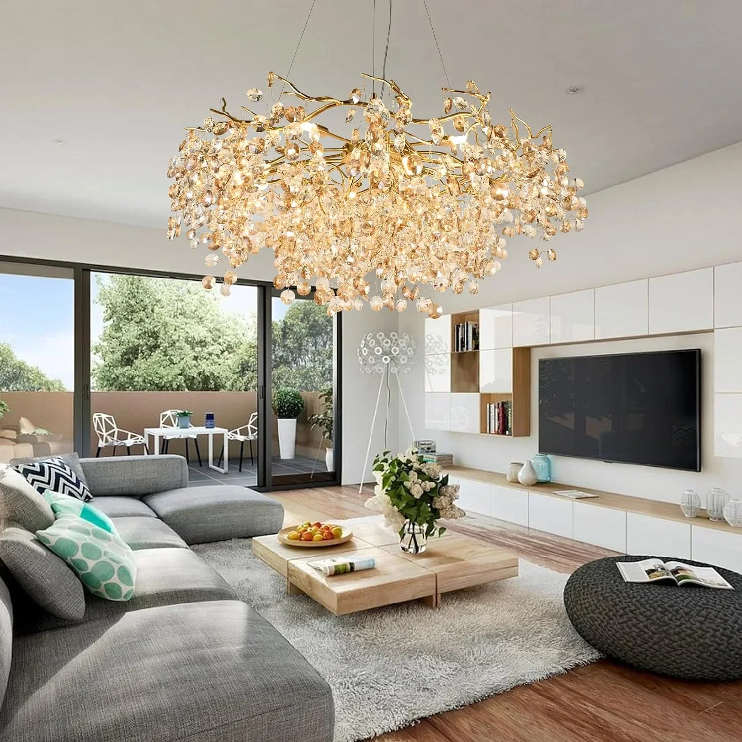 Round Branch Crystal Pendant Chandelier Lights Living Room Dining Room Long Crystal Chandeliers For Table Kitchen Island Luxury