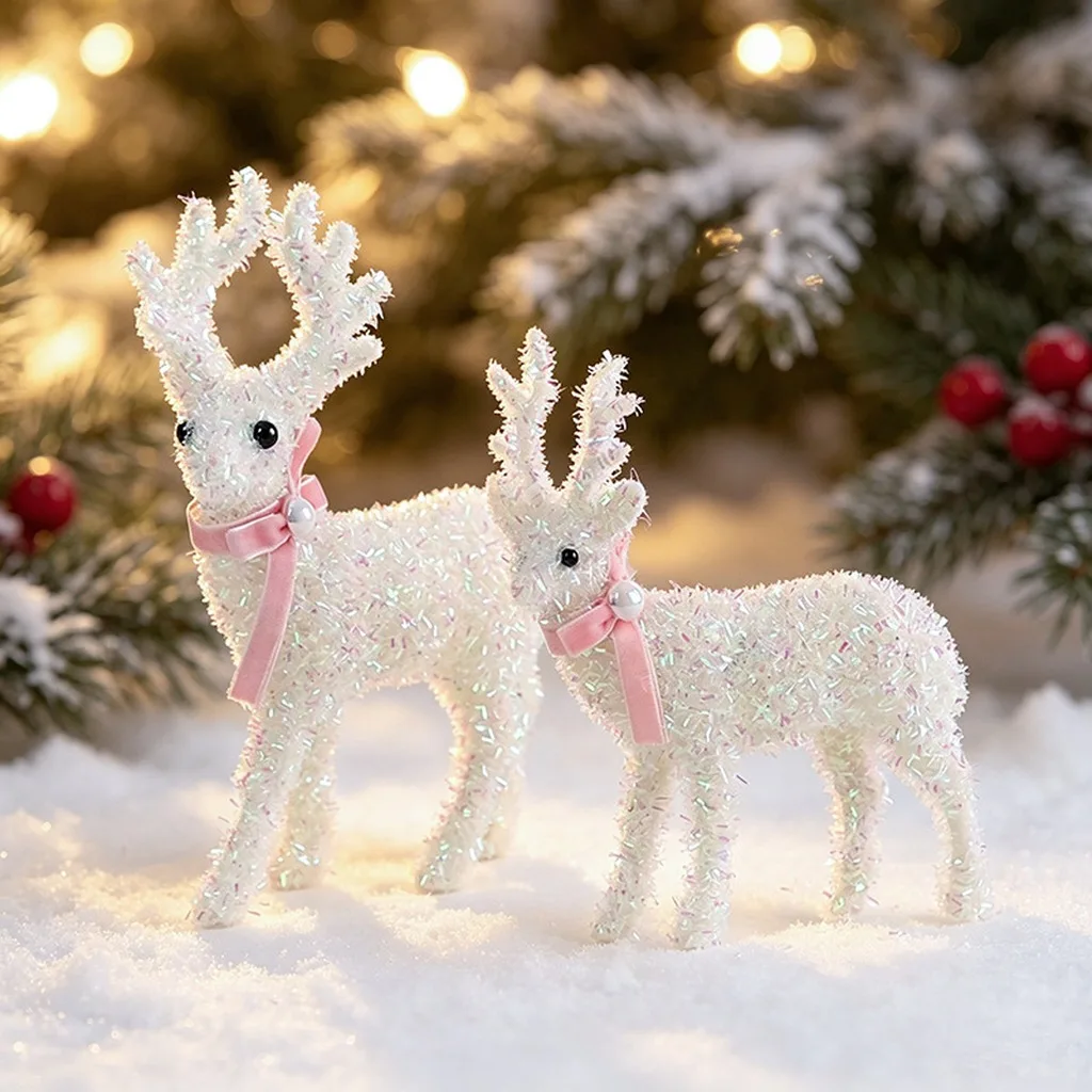 Iridescent Glitter Flocked Reindeer Figurine Sparkling Standing Deer Ornament For Christmas Halloween Party Home Decor