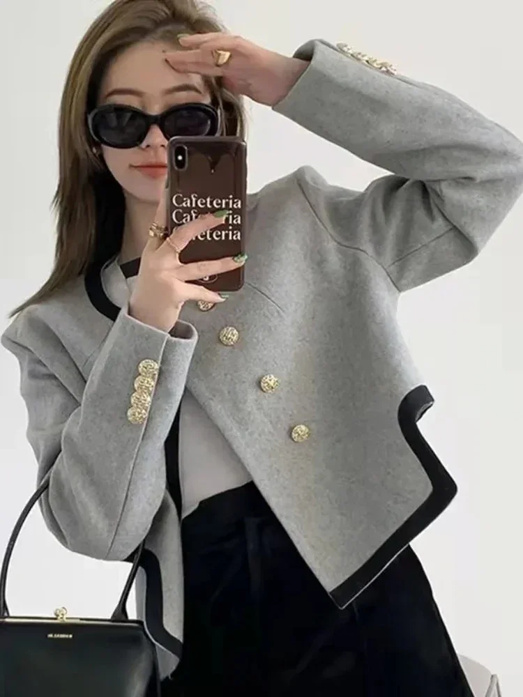 

Grey Tweed Jacket Women Harajuku Irregular Elegant Coat Korean Long Sleeve Double Breasted Design Simple Casual Top