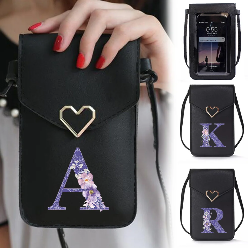 Outdoor Travel Female Shoulder Straps Handbag Phone Wallet Shoulder Bag Suitable for Samsung/iPhone/Huawei Purple Flower Pattern