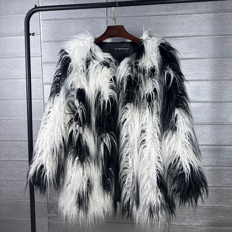 2026 Fashion Faux Fur Jacket Women's Color Tie-dyeing Mongolia Sheep Fur Coat Autumn Winter O-neck Loose Streetwear Outerwear