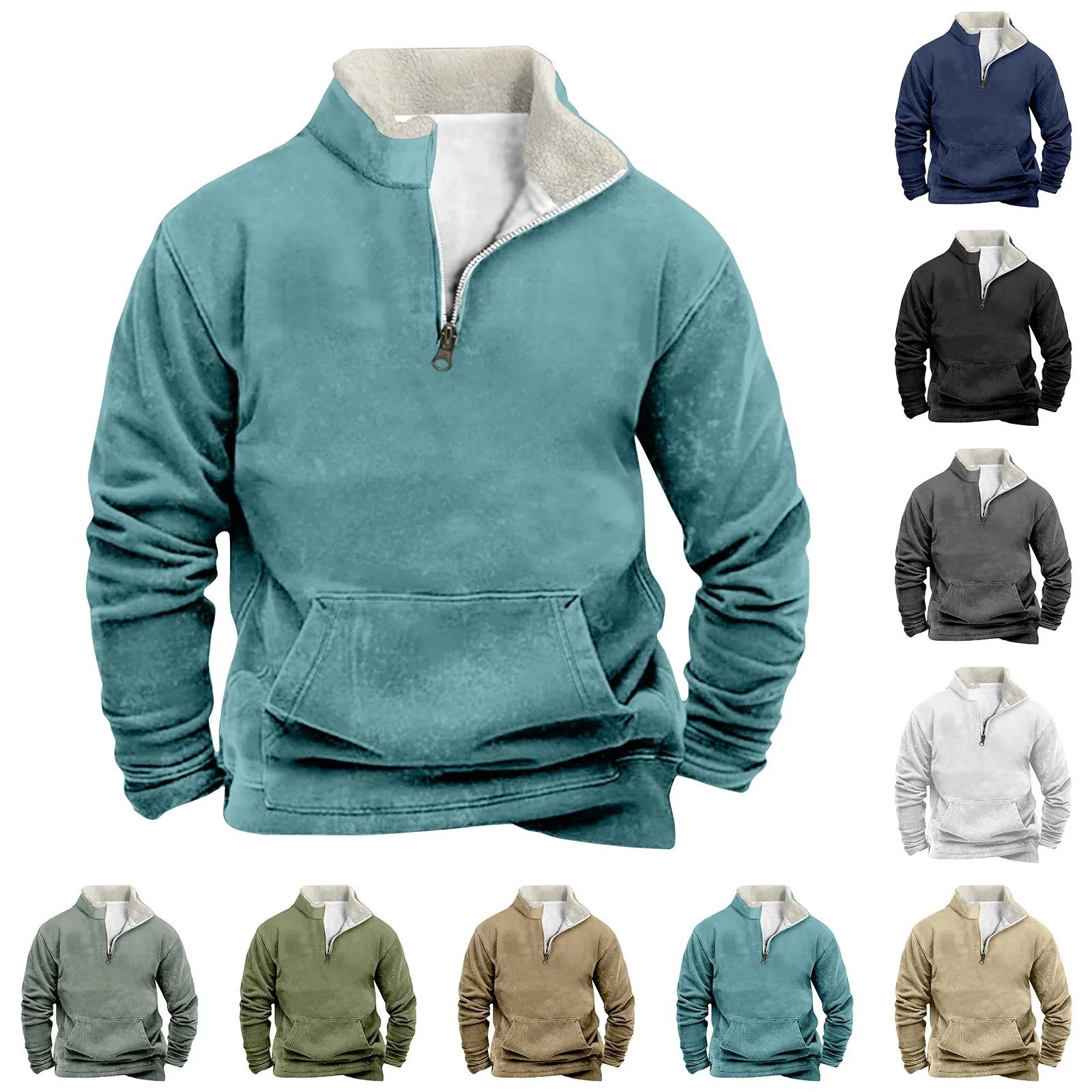 Men'S Solid Color Loose Casual Fashion Stand-Up Collar Half-Zip Hooded Sweatshirt Autumn And Winter Plus Velvet Warm Sweatshirt