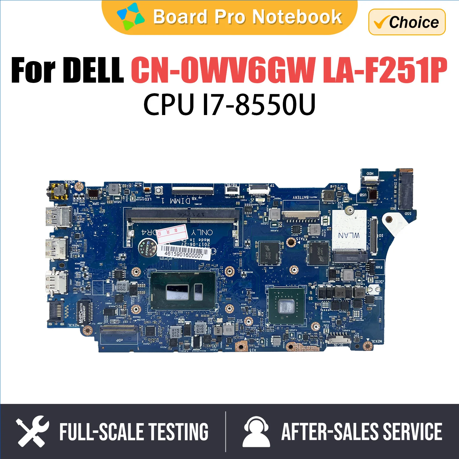 For DELL Inspiron 7472 7572 CN-0WV6GW 0WV6GW Mainboard Laptop Motherboard LA-F251P With I7-8550U CPU 100% Working Well