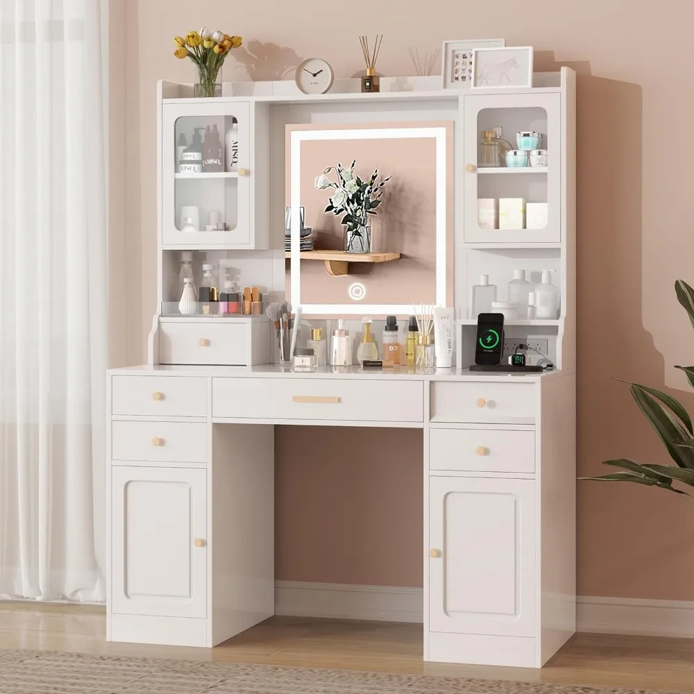 

Vanity Desk with Mirror and Lights, Makeup Vanity & Power Outlet, 3 Colors Lighting Adjustable Brightness, 6 Drawer 4 Cabinets