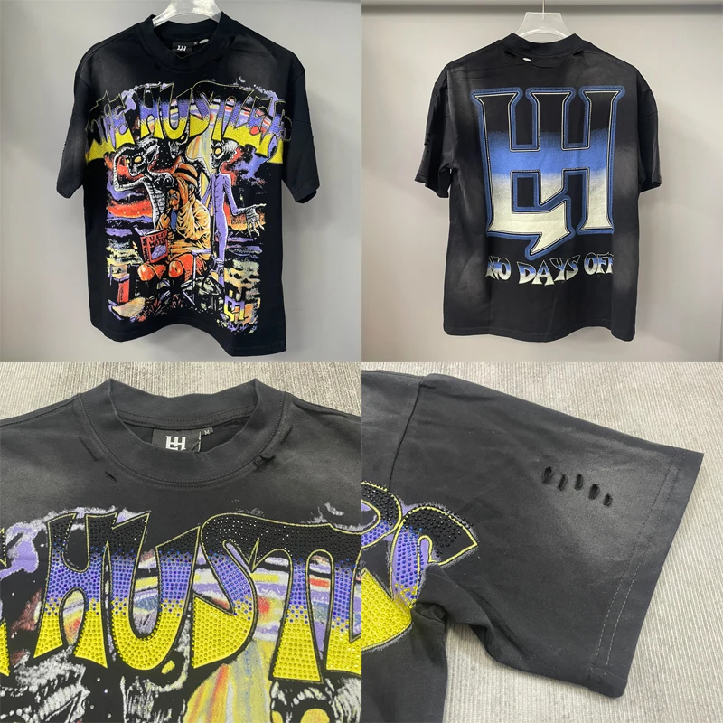 High Street Hip-Hop Retro Damaged Distressed Life Hustlers T-Shirt Men Round Neck Casual Life Hustlers Short Sleeve Tee
