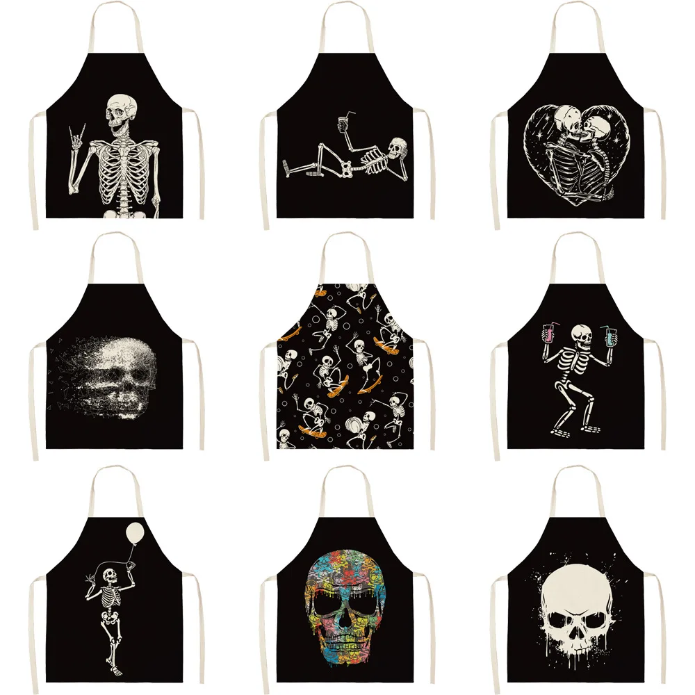 Black Background And White Skull Print Pattern Apron Sci-Fi Style Sleeveless Apron Fashion Party Apron Halloween Dress Up Apron