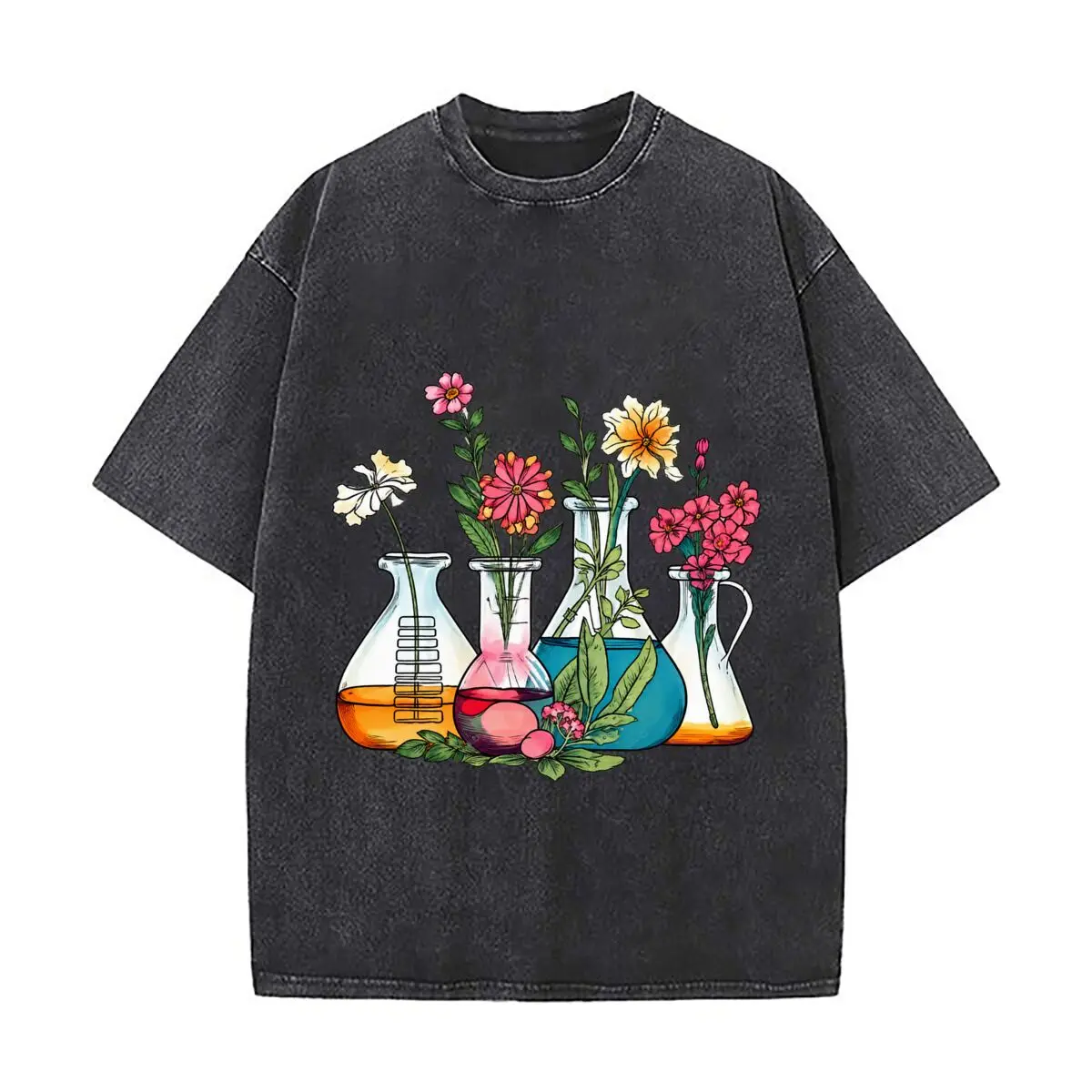 Floral Chemistry Laboratory Beakers Scientist Biology Teacher Design Washed Short Sleeve Loose Streetwear Tee Hip Hop
