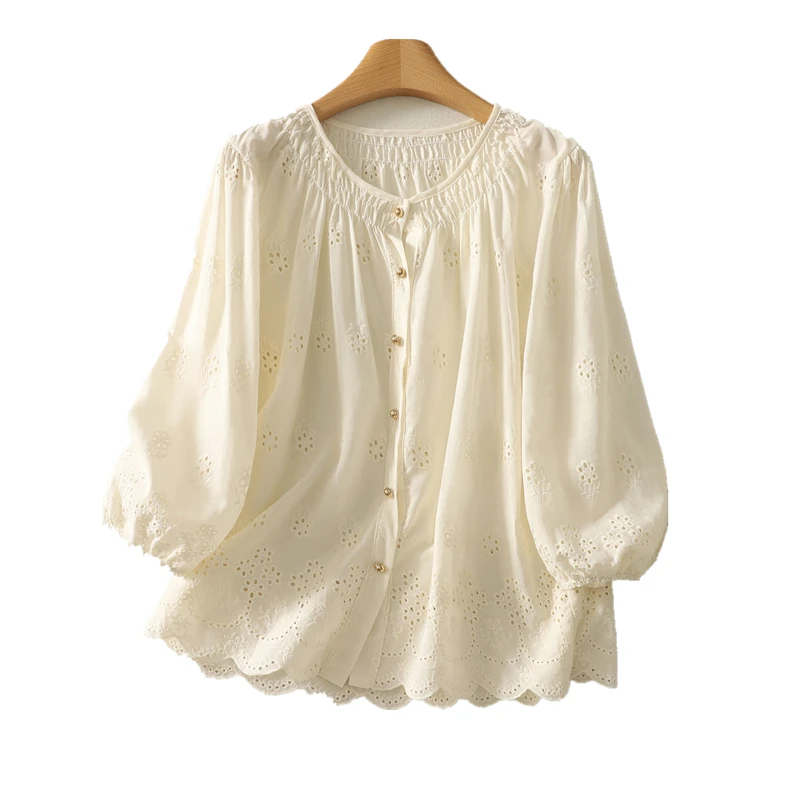 

Hollow Out Embroidered Shirts Women Korean Fashion Loose Casual Single-Breasted Tops Blouse Female 2025 New