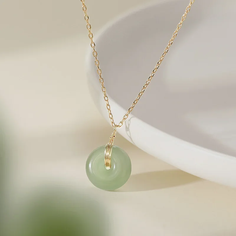 Real Hetian Jade Donut Pendant 18K Gold Plated Necklace Natural Jewelry Charm Gemstone Carved Talismans Energy Chain Choker Gift