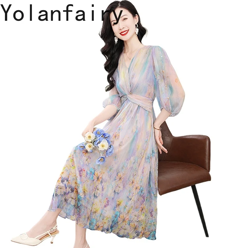 

YOLANFAIRY High-end 100% Real Mulberry Silk Dresses for Woman French Elegant Cinched Waist Women Dress Luxury Floral Party Dress