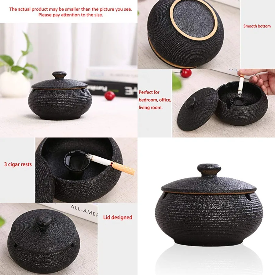 

Ceramic Ashtray with Lids, Windproof, Cigarette Ashtray for Indoor or Outdoor Use，Ash Holder for Smokers,Desktop Smoking Ash Tray for Home Office Decoration - Black