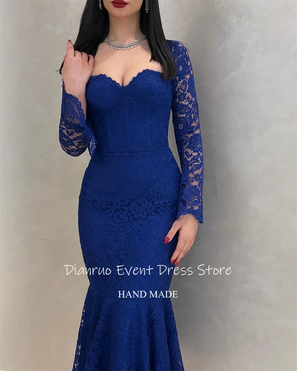 Dianruo Blauwe Lange Mouwen Avondjurken Zeemeermin Applicaties Vestidos De Fiesta Sweetheart Kant Saudi Arabische Prom Gown Aangepast