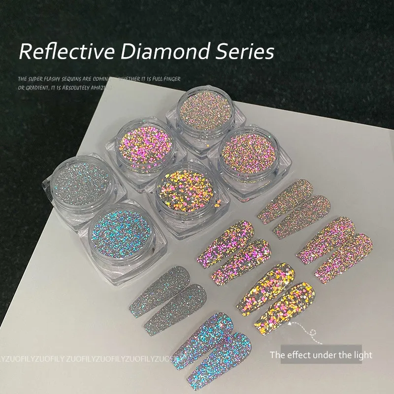 Boxed-1 Reflective Diamond Powder Nail Glitter Net 2-3g Shinning Crystal Rhinestone Pigment Dust UV Gel Polish Manicure Powder *