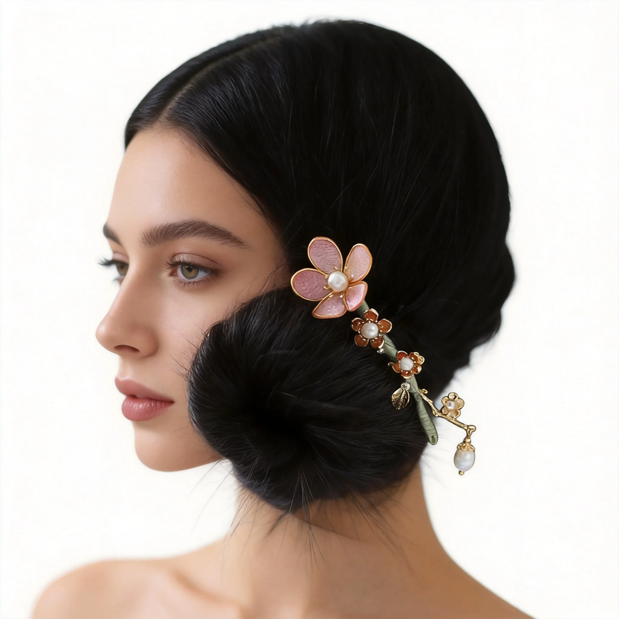 Traditional Chinese Auspicious Filigree Pink Flower U Shaped Hairpin Faux Velvet Flower Pearl Inlaid Hair Stick Hanfu Cheongsam