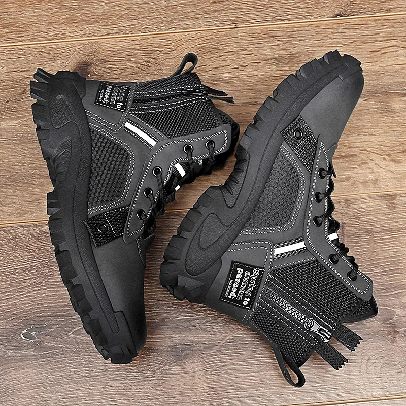 حذاء رجالي عالي الجودة في الهواء الطلق حذاء من الجلد جلد تنفس الدانتيل يصل أحذية عمل نعل سميك عدم الانزلاق مقاومة للاهتراء أحذية التنزه