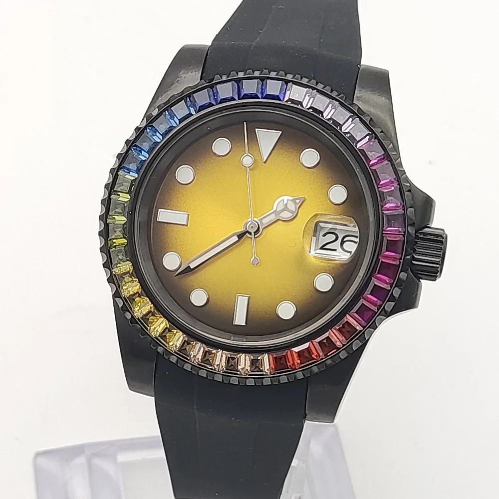 NH35 Men's 40mm black Pvd case NH35A Automatic movement unmarked luminous sapphire glass swimming deep water rubber strap