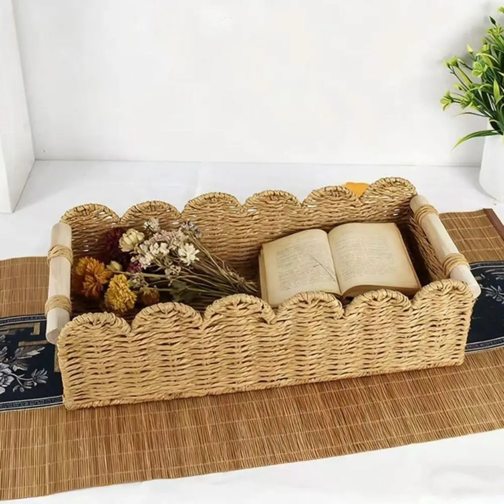 Cesta de almacenamiento de cuerda de papel Rectangular, cesta de almacenamiento de ratán de imitación tejida a mano hecha a mano, borde festoneado decorativo