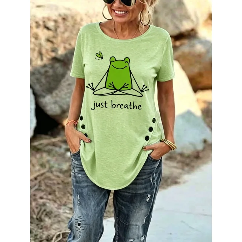 ilstile Women's Just Breathe Frog Print T Shirt Summer Holiday Short Sleeve Casual Loose T-Shirts Round Neck Tops Tees
