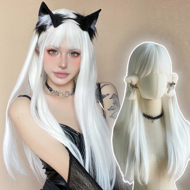 

White Long Synthetic Wigs with Bangs Straight Lolita Cosplay Wig White hair Synthetic Heat Resistant for Women Daily Party Use