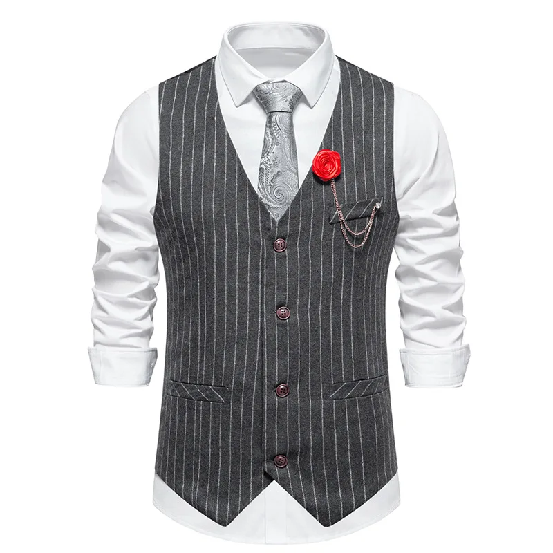 Mens Vintage Striped British Tweed Vest Casual Wool Blend Business Suit Vest Waistcoat with Flower Chain