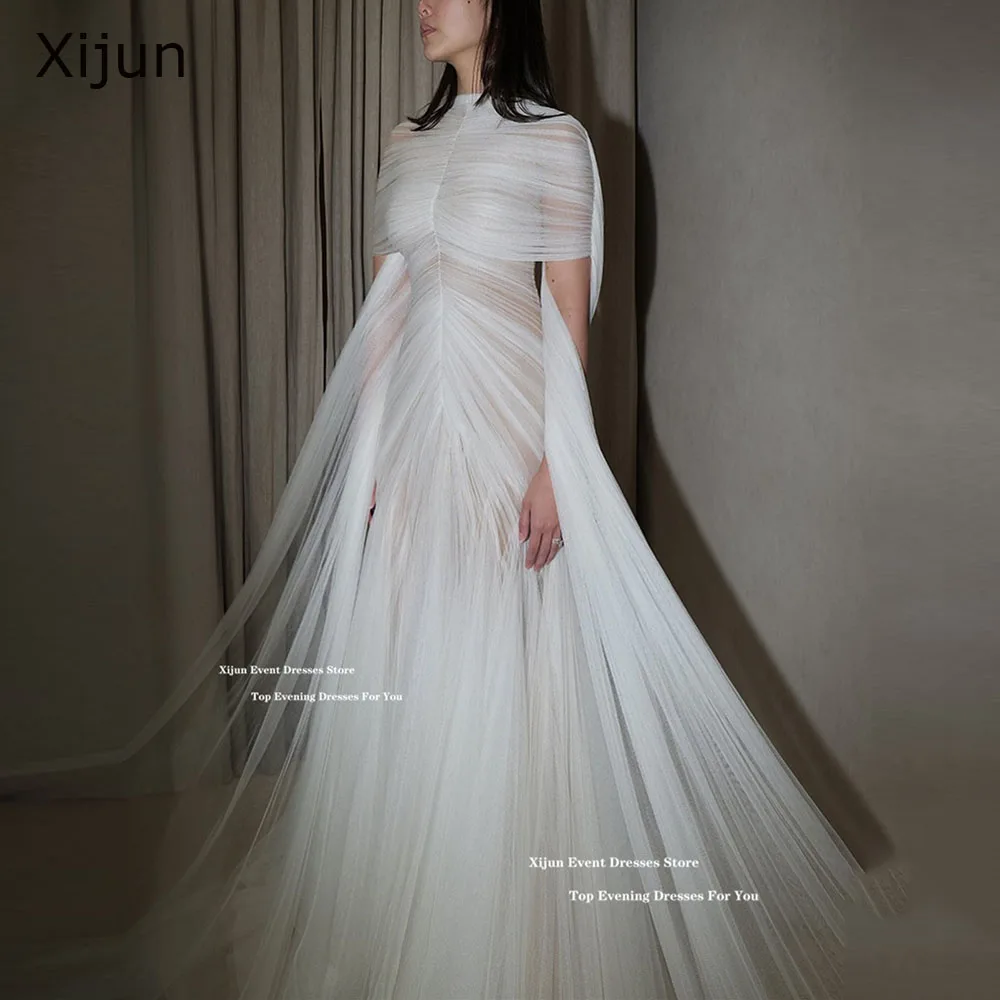 

Свадебные платья Xijun из современного тюля цвета слоновой кости, с плиссированными рукавами-накидками, силуэт «русалка», для выпускного вечера, с круглым вырезом, роскошные вечерние платья, женские, на заказ