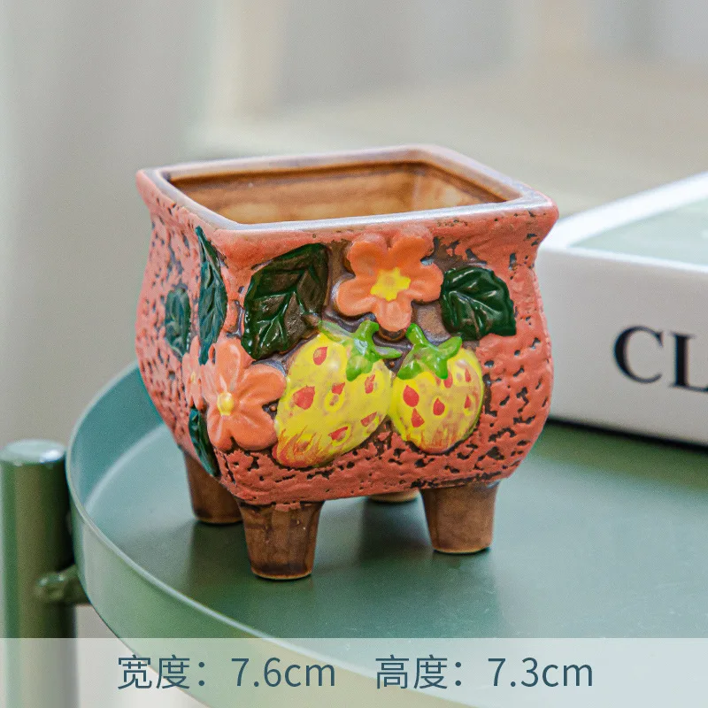 Ceramic Flower Pot Cute Strawberry Succulent Plant Pots Vase Green Plants Planter for Indoor Plants Pot Home Desktop Decoration