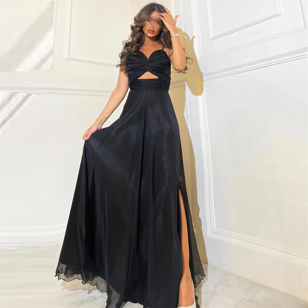 

Fashion Spaghetti strap Black A-Line Prom Dress for Women Floor-length Evening Party Gown Formal Occasion Dresses فساتين السهرة