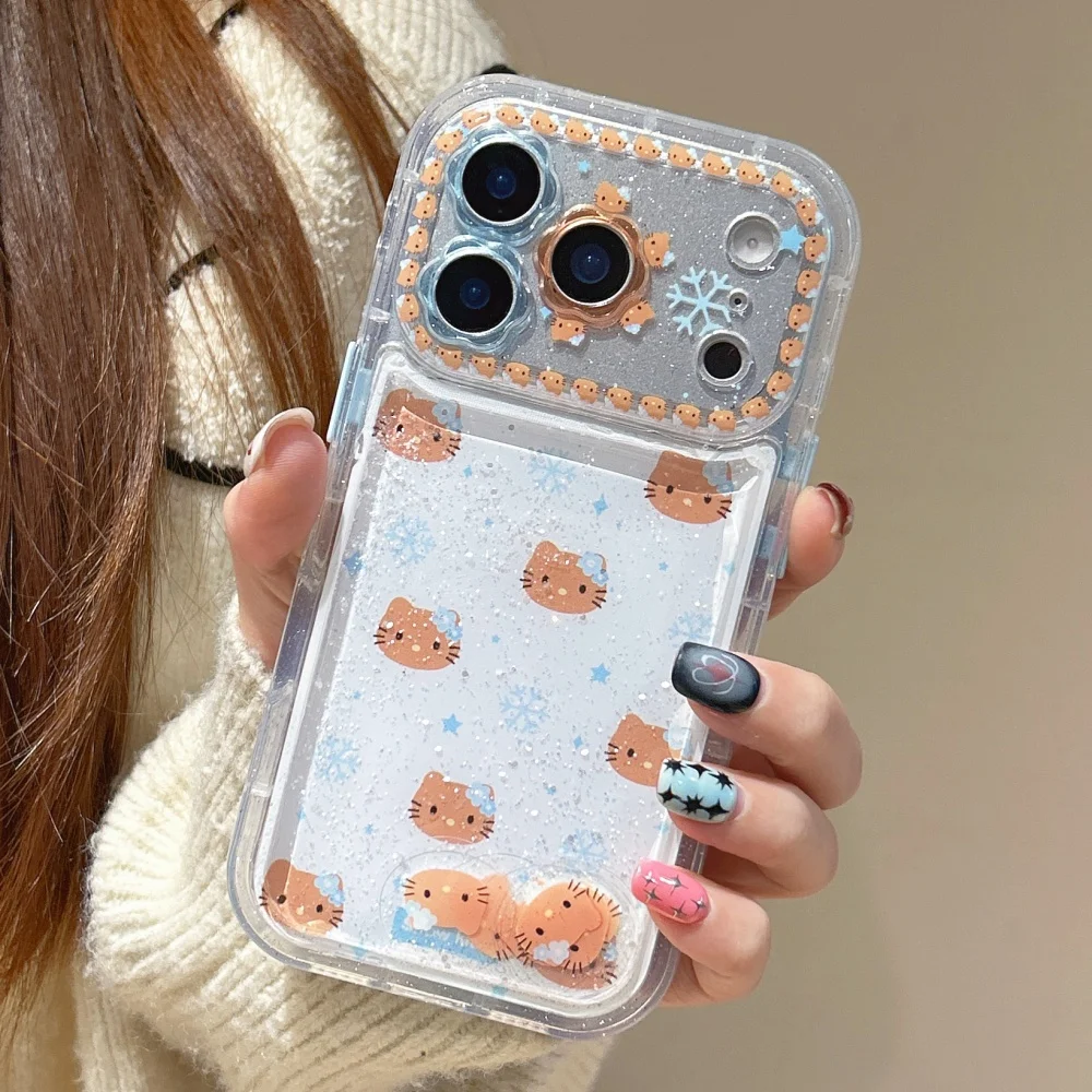 Flower Flowing Sand Black Skin KT Case For iPhone 16 15 Pro Max 14 Pro Max 13 Pro 17 Pro Max Cartoon Snowman Bling Flower Cover