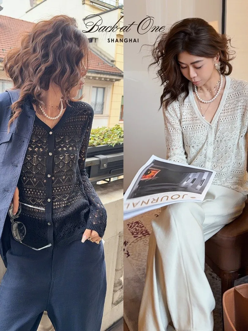 

Романтический кружевной ажурный вязаный кардиган BGS1AS025HK во французском стиле, повседневный, с V-образным вырезом, с длинными рукавами, женский вязаный свитер