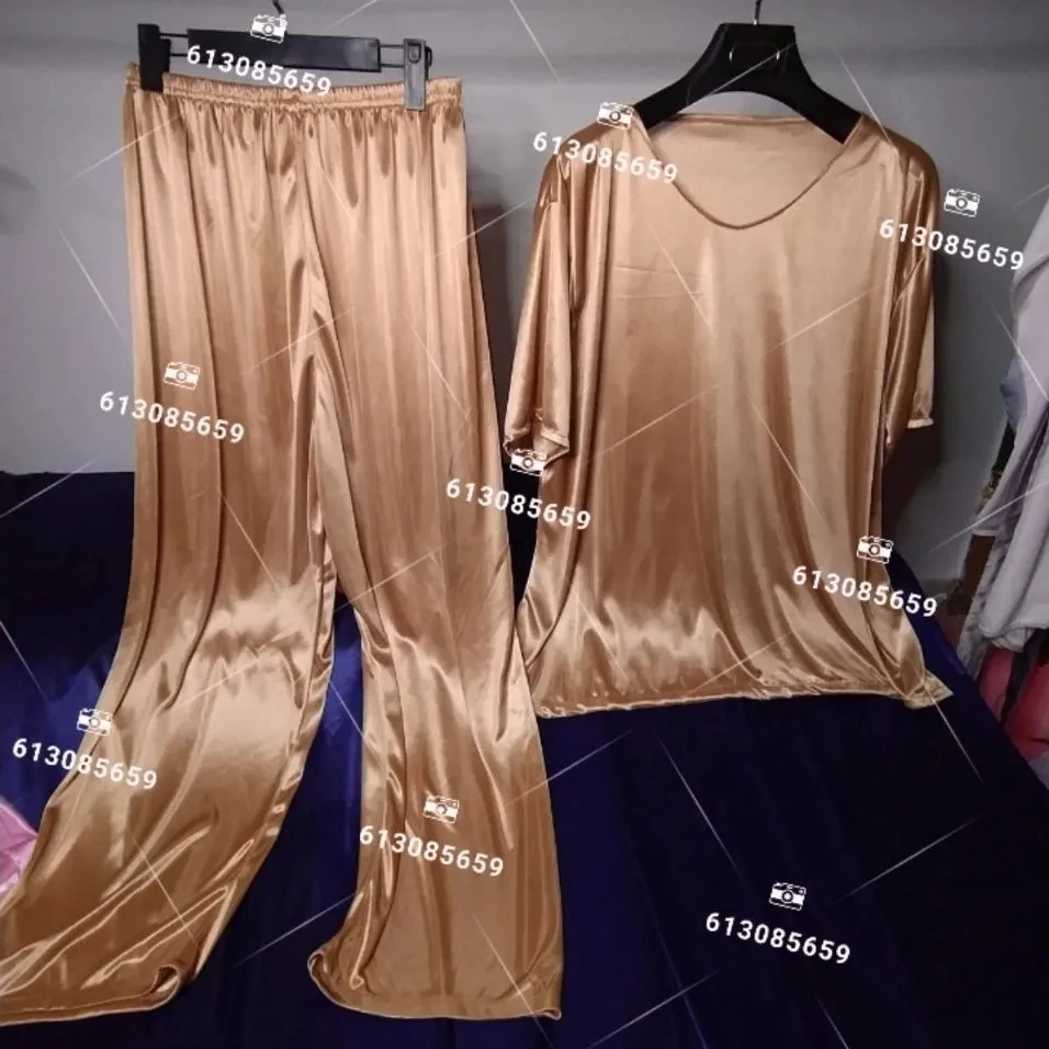 

Handmake Man's Silky Touch Golden Color O Neck Slipper Smooth Touch Soft Light Weight Pajama Suit Top With Trousers