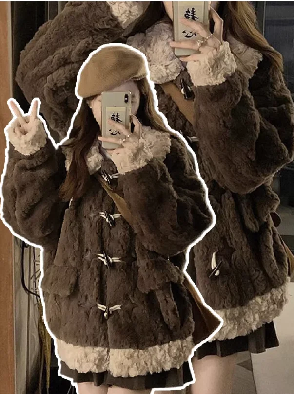 Plus Size Dames Herfst Winter Kunstmatig Lam Leeftijdverlagende Bruine Jas Mode Verdikte Lange Mouwen Vrije Tijd Geribbelde Jassen