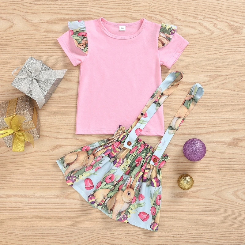 Sweet Dresses for Girls: Rabbit Print Top and Straps Dress Set for Springtime Celebrations 1-4 Years