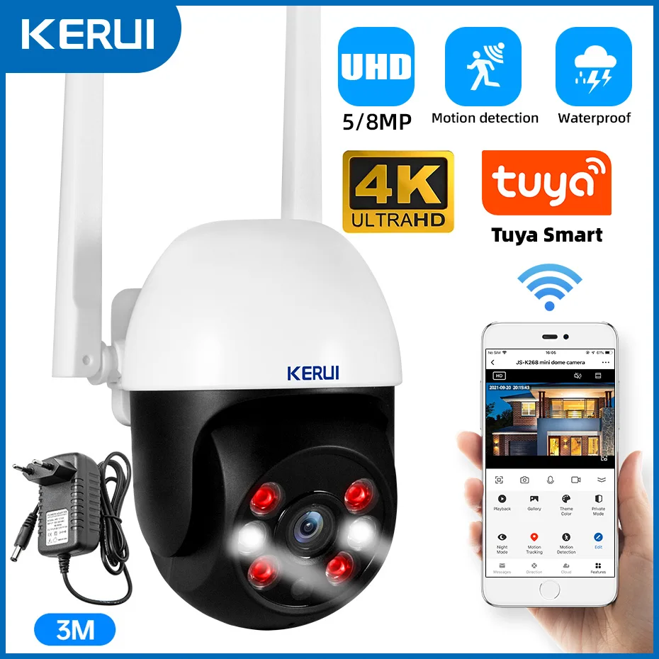 KERUI Waterproof Wireless 5MP 8MP UHD PTZ WiFi IP Camera Tuya Smart 4K Camera Security CCTV Surveillance With 3 meters Cable