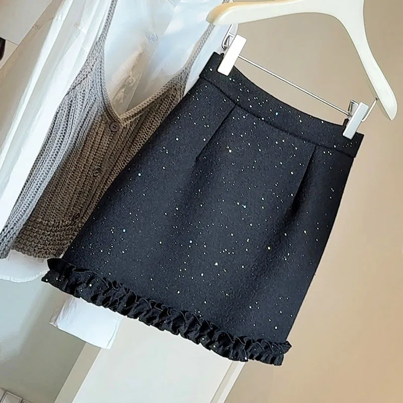女性のウールブレンドショートスカートハイウエストスキニースパンコールセクシーなミニスカート女性のファッションレース裾スプライシングAラインスカート