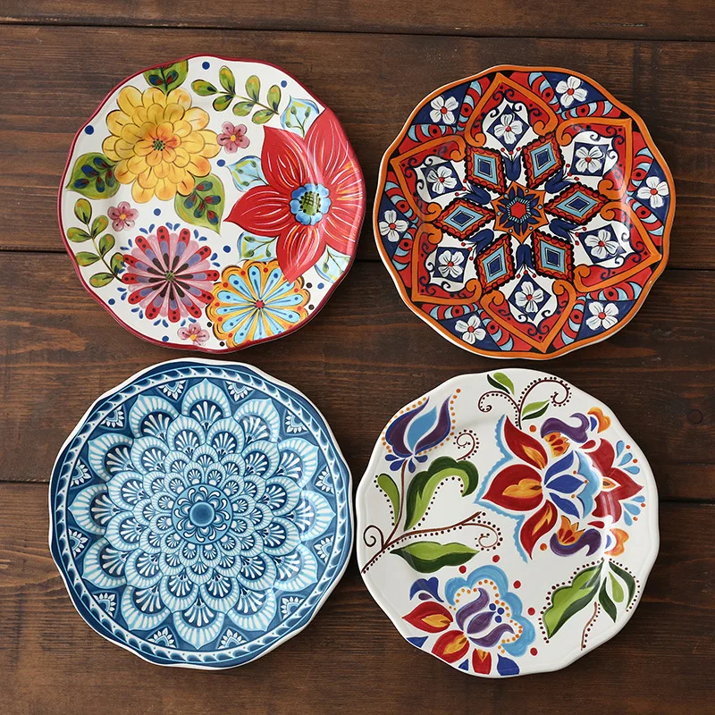 Ceramic Household Dishes Hand-painted Tableware Japanese American Flat Plate Rustic Ethnic Style Steak Western Round Tray