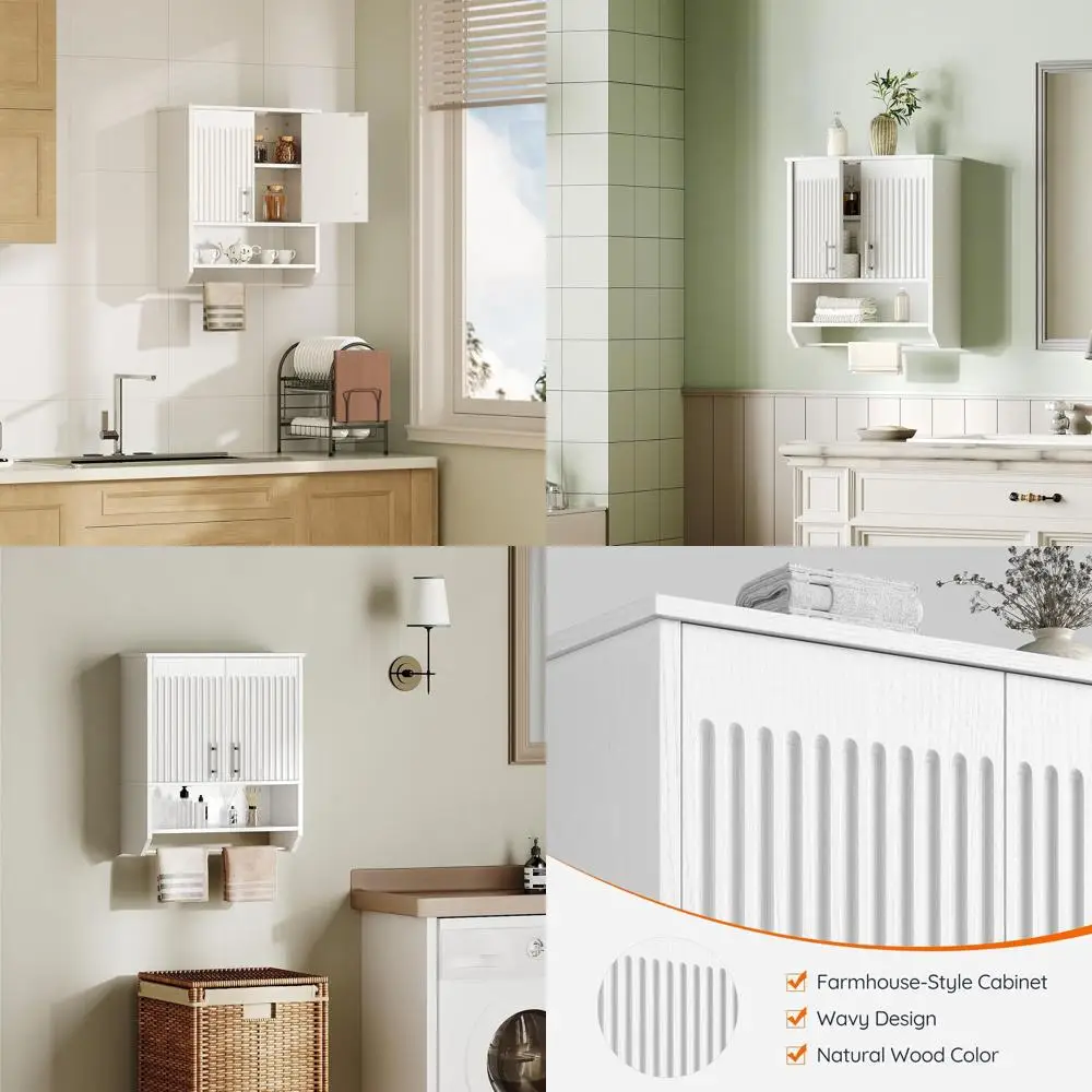 

White Wall-Mounted Medicine Cabinet with 2 Doors, Towel Bar, and Adjustable Shelves for Bathroom and Kitchen Storage