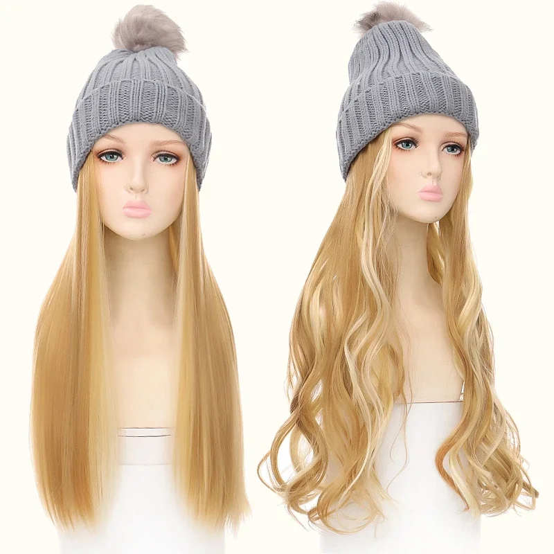 Beanie Synthetic Hair Women Winter Warm Keeping Hair Extension Hats Heat retention Wigs for Women Trendy Colors Wavy Hair