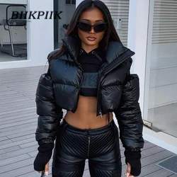 BIIKPIIK Streetwear Hollow Out Solid Puffer for Women Casual Zip Up Long Sleeve Turtleneck Autumn Winter Coats Fashion Jackets