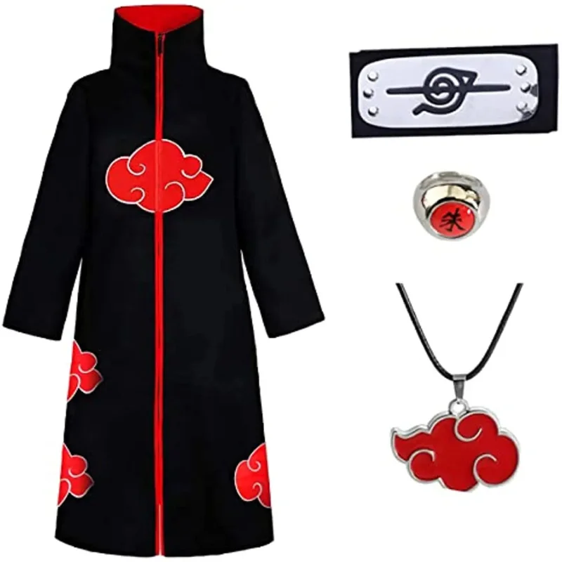 Anime Akatsuki Mantello Costume Cosplay Ninja Abito lungo Uniforme Mantello Itachi Halloween Cosplay 4 pezzi per uomini adulti Donne MS16608