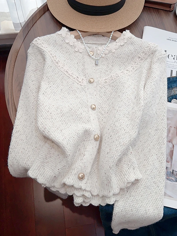 

2025 Fashion Sweet Cardigan O Neck Long Sleeve Three Dimensional Flowers Sweaters Autumn Winter All Match Design Women Clothing