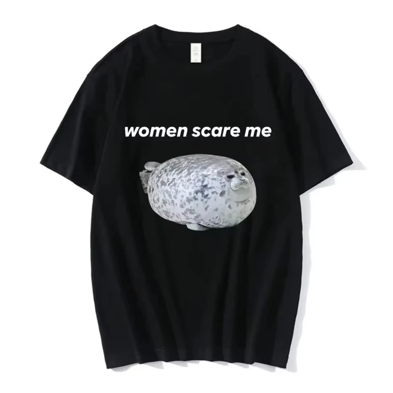 

Женская футболка Scare Me Funny Seal Meme с графическим принтом, женская модная летняя повседневная футболка высокого качества, футболка с юмором, топы
