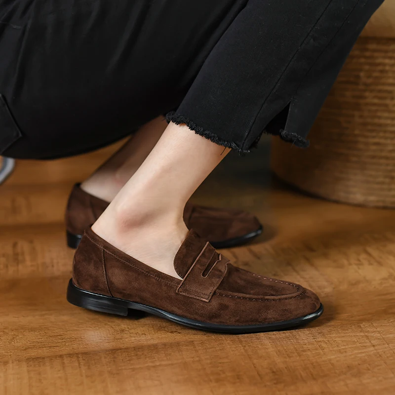 Kid Suede Women Flat Shoes Lazy Slip-On Solid Loafers Genuine Leather Lady Casual Walk Shoes Woman Loafers Spring Summer Flats