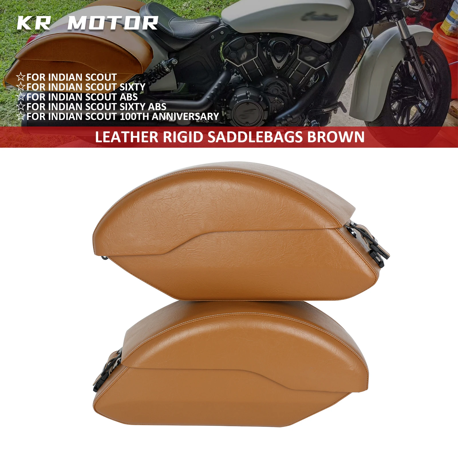 For Indian Scout Sixty ABS 100th Anniversary 2015-2024 Motorcycle Side Box ‎Leather Rigid Saddlebags Brown Side Box Mounting Kit
